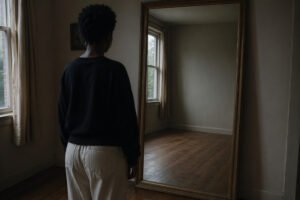 pessoa negra olha para o espelho e nao se vê.