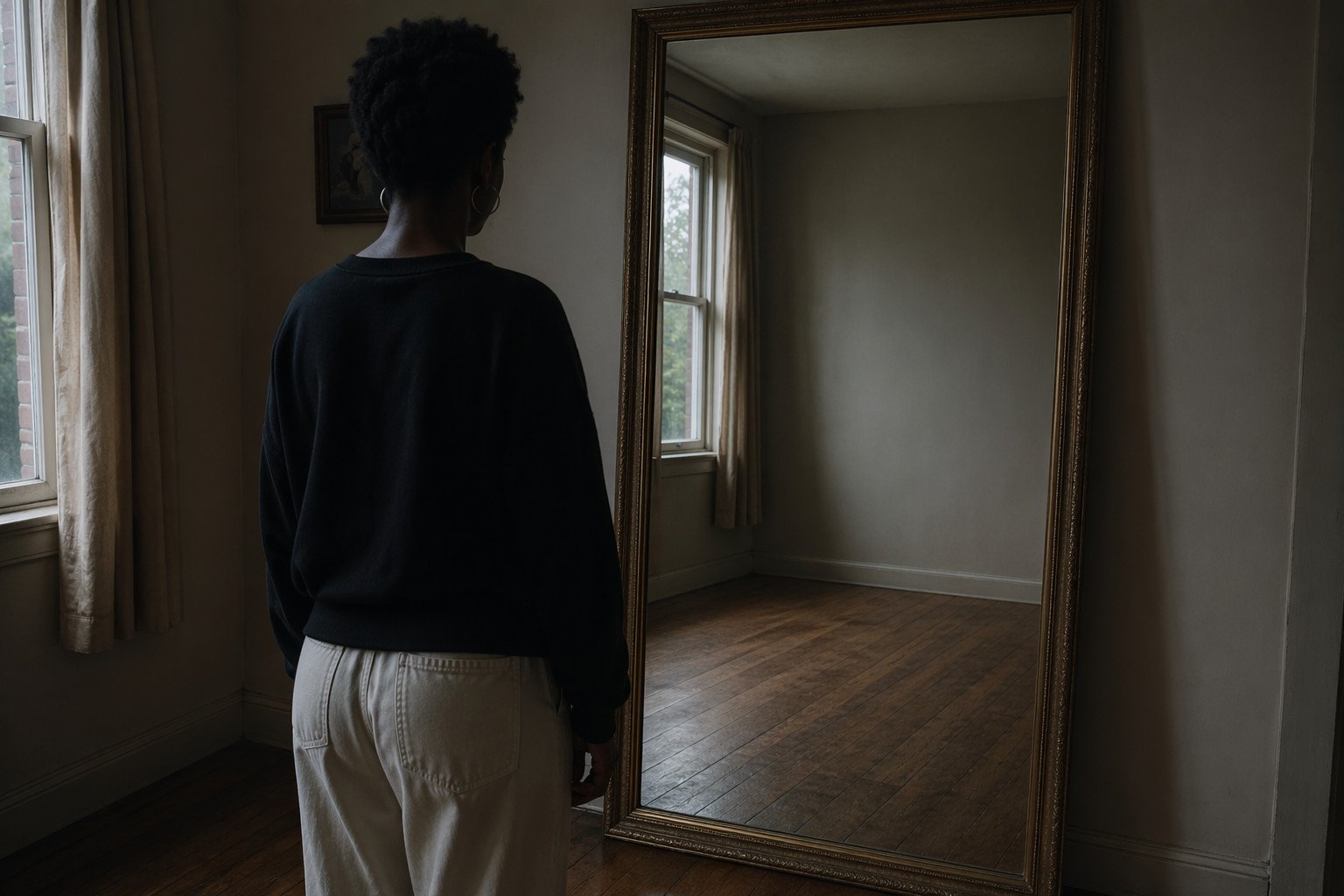 pessoa negra olha para o espelho e nao se vê.